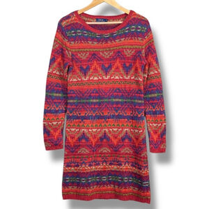 Polo Ralph Lauren Multicolor Fair Isle Knit Sweater Dress Linen Silk Blend Sz M